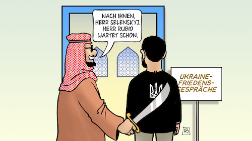 Cartoon: Selenskyj in Saudi-Arabien (medium) by Harm Bengen tagged saudi,arabien,ukraine,usa,friedensgespräche,säbel,selenskyj,rubio,harm,bengen,cartoon,karikatur,saudi,arabien,ukraine,usa,friedensgespräche,säbel,selenskyj,rubio,harm,bengen,cartoon,karikatur