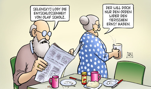 Cartoon: Selenskyj lobt Scholz (medium) by Harm Bengen tagged selenskyj,lobt,loben,entschlossenheit,olaf,scholz,bundeskanzler,orden,wider,den,tierischen,ernst,susemil,russland,ukraine,krieg,harm,bengen,cartoon,karikatur,selenskyj,lobt,loben,entschlossenheit,olaf,scholz,bundeskanzler,orden,wider,den,tierischen,ernst,susemil,russland,ukraine,krieg,harm,bengen,cartoon,karikatur