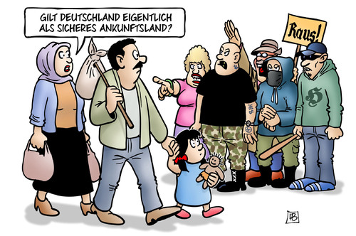 Cartoon: Sicheres Ankunftsland (medium) by Harm Bengen tagged herkunftsland,ankunftsland,deutschland,herkunftsstaaten,sichere,fluechtlinge,asyl,nazis,rechts,pegida,skins,harm,bengen,cartoon,karikatur,deutschland,ankunftsland,herkunftsland,herkunftsstaaten,sichere,fluechtlinge,asyl,nazis,rechts,pegida,skins,harm,bengen,cartoon,karikatur