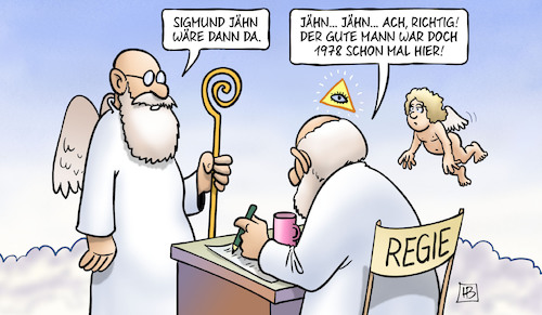 Cartoon: Sigmund Jähn (medium) by Harm Bengen tagged sigmund,jähn,tod,tot,kosmonaut,ddr,weltraum,gott,himmel,petrus,1978,harm,bengen,cartoon,karikatur,sigmund,jähn,tod,tot,kosmonaut,ddr,weltraum,gott,himmel,petrus,1978,harm,bengen,cartoon,karikatur