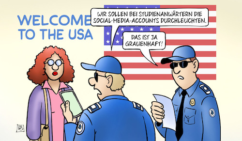 Cartoon: Social-Medial durchleuchten (medium) by Harm Bengen tagged welcome,usa,studienanwärter,studentin,social,media,accounts,durchleuchten,zoll,einreise,kontrolle,spitzeln,handy,harm,bengen,cartoon,karikatur,welcome,usa,studienanwärter,studentin,social,media,accounts,durchleuchten,zoll,einreise,kontrolle,spitzeln,handy,harm,bengen,cartoon,karikatur