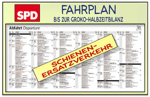 Cartoon: SPD-Fahrplan (medium) by Harm Bengen tagged fahrplan,halbzeitbilanz,schienenersatzverkehr,bahn,groko,nahles,spd,harm,bengen,cartoon,karikatur,fahrplan,halbzeitbilanz,schienenersatzverkehr,bahn,groko,nahles,spd,harm,bengen,cartoon,karikatur