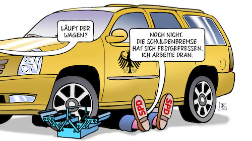 Cartoon: SPD an Schuldenbremse (medium) by Harm Bengen tagged kfz,wagen,reparatur,schuldenbremse,spd,werkzeugkasten,harm,bengen,cartoon,karikatur,kfz,wagen,reparatur,schuldenbremse,spd,werkzeugkasten,harm,bengen,cartoon,karikatur