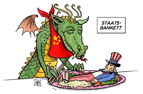 Cartoon: Staatsbankett USA-China (medium) by Harm Bengen tagged staatsbankett,usa,china,obama,hu,jintao,mittagessen,wirtschaft,aufstieg,verschuldung,staatsanleihen,essen,fressen,verspeisen,teller,drache,uncle,sam,staatsbankett,usa,china,barack obama,hu jintao,aufstieg,verschuldung,wirtschaft,essen,fressen,verspeisen,drache,barack,obama,hu,jintao