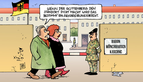 Cartoon: Standortschließung (medium) by Harm Bengen tagged standortschließung,bundeswehr,kaserne,bundeswehrreform,wehrpflicht,reform,soldat,verteidigungsminister,guttenberg,münchhausen,lüge,betrug,schummeln,abschreiben,abschreibung,abschreibungsobjekt,standortschließung,bundeswehr,bundeswehrreform,wehrpflicht,reform,soldat,verteidigungsminister,guttenberg,betrug,lüge