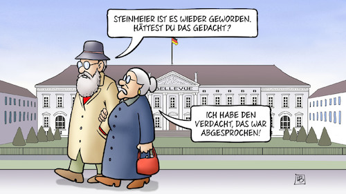 Cartoon: Steinmeier zum Zweiten (medium) by Harm Bengen tagged bellevue,susemil,absprache,verdacht,abgesprochen,steinmeier,wahl,bundespräsident,bundesversammlung,harm,bengen,cartoon,karikatur,bellevue,susemil,absprache,verdacht,abgesprochen,steinmeier,wahl,bundespräsident,bundesversammlung,harm,bengen,cartoon,karikatur