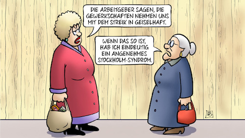 Cartoon: Stockholm-Syndrom (medium) by Harm Bengen tagged arbeitgeber,gewerkschaften,geiselhaft,stockholm,syndrom,susemil,jutta,zaun,streik,warnstreik,verdi,evg,bahn,nahverkehr,harm,bengen,cartoon,karikatur,arbeitgeber,gewerkschaften,geiselhaft,stockholm,syndrom,susemil,jutta,zaun,streik,warnstreik,verdi,evg,bahn,nahverkehr,harm,bengen,cartoon,karikatur