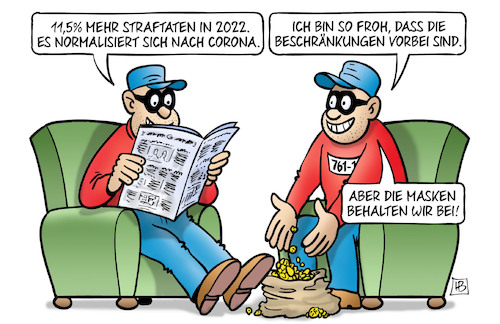 Cartoon: Straftaten-Zunahme (medium) by Harm Bengen tagged straftaten,2022,normalisiert,corona,zunahme,statistik,beschränkungen,masken,panzerknacker,kriminelle,verbrecher,gauner,harm,bengen,cartoon,karikatur,straftaten,2022,normalisiert,corona,zunahme,statistik,beschränkungen,masken,panzerknacker,kriminelle,verbrecher,gauner,harm,bengen,cartoon,karikatur