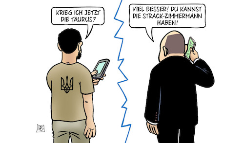 Cartoon: StraZi statt Taurus (medium) by Harm Bengen tagged scholz,selenskyj,telefon,handy,taurus,strack,zimmermann,deutschland,ukraine,waffenlieferungen,krieg,russland,harm,bengen,cartoon,karikatur,scholz,selenskyj,telefon,handy,taurus,strack,zimmermann,deutschland,ukraine,waffenlieferungen,krieg,russland,harm,bengen,cartoon,karikatur