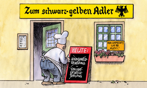 Cartoon: Streichungen (medium) by Harm Bengen tagged streichungen,koalition,schwarz,gelb,adler,haushalt,kassensturz,wahlversprechen,merkel,westerwelle,koch,lokal,kneipe,restaurant,speisekarte,kindergeld,steuer,steuererleichterung,streichungen,koalition,schwarz,gelb,adler,haushalt,kassensturz,wahlversprechen,angela merkel,guido westerwelle,koch,lokal,kneipe,restaurant,speisekarte,angela,merkel,guido,westerwelle