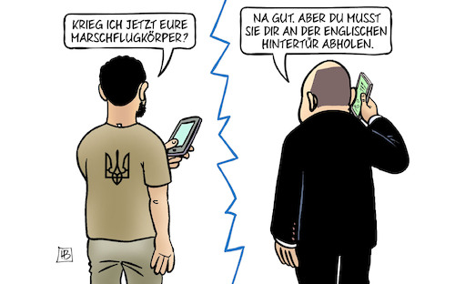 Cartoon: Taurus-Dilemma (medium) by Harm Bengen tagged taurus,dilemma,marschflugkörper,ringtausch,scholz,selenskyj,telefon,handy,hintertür,krieg,ukraine,russland,harm,bengen,cartoon,karikatur,taurus,dilemma,marschflugkörper,ringtausch,scholz,selenskyj,telefon,handy,hintertür,krieg,ukraine,russland,harm,bengen,cartoon,karikatur