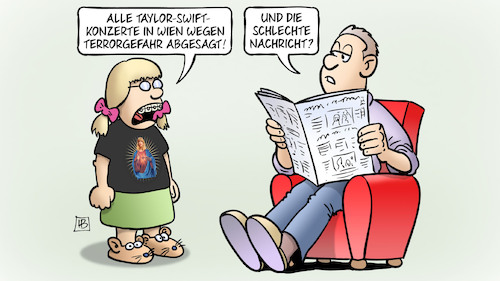 Cartoon: Taylor Swift und Terror (medium) by Harm Bengen tagged taylor,swift,konzerte,wien,terrorgefahr,abgesagt,schlechte,nachricht,vater,tochter,mädchen,kind,zeitung,lesen,swifties,musik,harm,bengen,cartoon,karikatur,taylor,swift,konzerte,wien,terrorgefahr,abgesagt,schlechte,nachricht,vater,tochter,mädchen,kind,zeitung,lesen,swifties,musik,harm,bengen,cartoon,karikatur