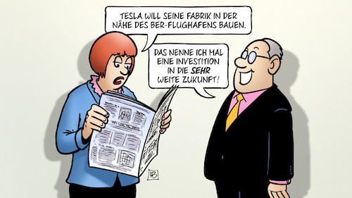 Cartoon: Tesla-Fabrik (medium) by Harm Bengen tagged tesla,fabrik,berlin,brandenburg,ber,flughafen,investition,sehr,weite,zukunft,eautos,zeitung,lesen,harm,bengen,cartoon,karikatur,tesla,fabrik,berlin,brandenburg,ber,flughafen,investition,sehr,weite,zukunft,eautos,zeitung,lesen,harm,bengen,cartoon,karikatur