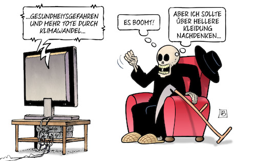 Cartoon: Tote durch Klimawandel (medium) by Harm Bengen tagged gesundheitsgefahren,tote,tod,klimawandel,hellere,kleidung,studie,klimaerwärmung,tv,harm,bengen,cartoon,karikatur,gesundheitsgefahren,tote,tod,klimawandel,hellere,kleidung,studie,klimaerwärmung,tv,harm,bengen,cartoon,karikatur