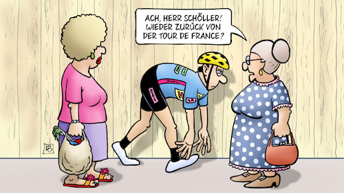 Cartoon: Tour-Rückkehrer (medium) by Harm Bengen tagged tour,de,france,radfahren,radrennen,radrennfahrer,rücken,rückkehrer,susemil,jutta,zaun,harm,bengen,cartoon,karikatur,tour,de,france,radfahren,radrennen,radrennfahrer,rücken,rückkehrer,susemil,jutta,zaun,harm,bengen,cartoon,karikatur