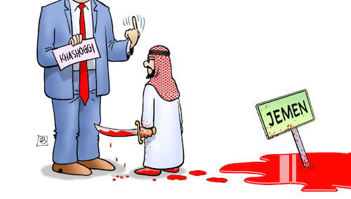 Cartoon: Trump-Khashoggi-Jemen (medium) by Harm Bengen tagged khashoggi,trump,sanktionen,jemen,krieg,kronprinz,salman,waffenexportstopp,waffenhandel,tod,tot,istanbul,konsulat,botschaft,türkei,saudi,arabien,mord,harm,bengen,cartoon,karikatur