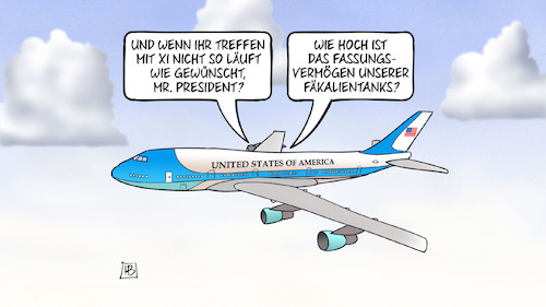 Cartoon: Trumps Asienreise (medium) by Harm Bengen tagged treffen,xi,zsa,china,trump,airforce,one,flugzeug,fassungsvermögen,fäkalientanks,harm,bengen,cartoon,karikatur,treffen,xi,zsa,china,trump,airforce,one,flugzeug,fassungsvermögen,fäkalientanks,harm,bengen,cartoon,karikatur