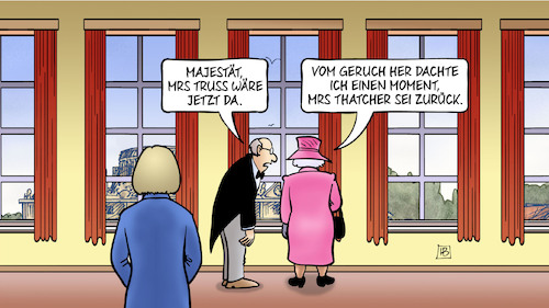 Cartoon: Truss und Queen (medium) by Harm Bengen tagged majestät,queen,butler,geruch,thatcher,johnson,nachfolgerin,liz,truss,gb,uk,konservative,tories,tory,premierministerin,harm,bengen,cartoon,karikatur,majestät,queen,butler,geruch,thatcher,johnson,nachfolgerin,liz,truss,gb,uk,konservative,tories,tory,premierministerin,harm,bengen,cartoon,karikatur