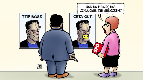 Cartoon: TTIP böse - CETA gut (medium) by Harm Bengen tagged ttip,ceta,freihandelsabkommen,usa,kanada,genossen,spd,gabriel,böse,gut,frankenstein,harm,bengen,cartoon,karikatur,ttip,ceta,freihandelsabkommen,usa,kanada,genossen,spd,gabriel,böse,gut,frankenstein,harm,bengen,cartoon,karikatur