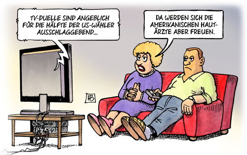 Cartoon: TV-Duelle ausschlaggebend (medium) by Harm Bengen tagged trump,clinton,ausschlaggebend,wichtigkeit,duell,tv,harm,arzt,hautärzte,präsidentschaftswahlkampf,usa,bengen,cartoon,karikatur,tv,duell,wichtigkeit,ausschlaggebend,clinton,trump,usa,präsidentschaftswahlkampf,hautärzte,arzt,harm,bengen,cartoon,karikatur