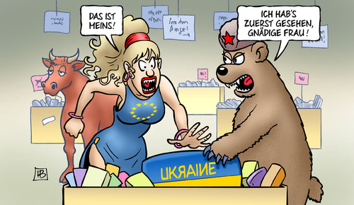 Cartoon: Ukraine-EU-Russland (medium) by Harm Bengen tagged ukraine,eu,russland,baer,stier,europa,sonderangebote,gier,besitzanspruch,aufstand,proteste,revolte,janukowitsch,kiew,klitschko,harm,bengen,cartoon,karikatur,ukraine,eu,russland,baer,stier,europa,sonderangebote,gier,besitzanspruch,aufstand,proteste,revolte,janukowitsch,kiew,klitschko,harm,bengen,cartoon,karikatur