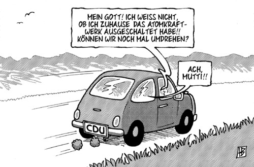 Cartoon: Umdrehen (medium) by Harm Bengen tagged umdrehen,energie,wende,auto,mutti,bundesregierung,koalition,atom,atomkraft,ausstieg,cdu,akw