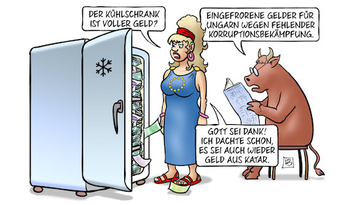 Cartoon: Ungarn-Gelder (medium) by Harm Bengen tagged kühlschrank,eingefroren,ungarn,korruptionsbekämpfung,stier,parlamentsvizepräsidentin,katar,eu,europa,korruption,bestechung,geld,kaili,harm,bengen,cartoon,karikatur,kühlschrank,eingefroren,ungarn,korruptionsbekämpfung,stier,parlamentsvizepräsidentin,katar,eu,europa,korruption,bestechung,geld,kaili,harm,bengen,cartoon,karikatur