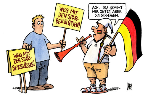 Cartoon: Ungelegen (medium) by Harm Bengen tagged wm,fußball,vuvuzela,fahne,trikot,michel,deutsch,ablenkung,desinteresse,brot,spiele,protest,demonstration,sparpaket,sparbeschlüsse,bundesregierung,geld,haushalt,finanzen,wm,fußball,vuvuzela,fahne,trikot,deutsch,ablenkung,desinteresse,sport,weltmeisterschaft,sparen