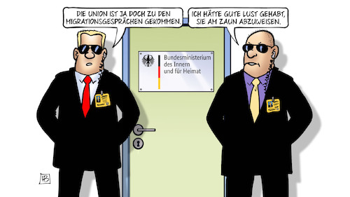 Cartoon: Union kommt doch (medium) by Harm Bengen tagged union,cdu,csu,migrationsgespräche,asyl,innenministerium,security,zaun,abweisen,harm,bengen,cartoon,karikatur,union,cdu,csu,migrationsgespräche,asyl,innenministerium,security,zaun,abweisen,harm,bengen,cartoon,karikatur