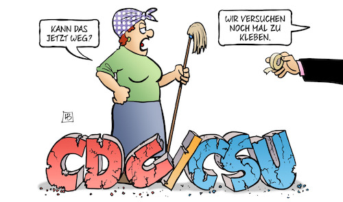 Cartoon: Union zerbröselt (medium) by Harm Bengen tagged kleben,cdu,csu,asylstreit,union,putzfrau,tesa,harm,bengen,cartoon,karikatur,kleben,cdu,csu,asylstreit,union,putzfrau,tesa,harm,bengen,cartoon,karikatur