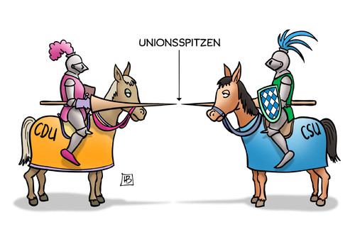 Cartoon: Unionsspitzen (medium) by Harm Bengen tagged unionsspitzen,cdu,csu,fluechtlingspolitik,streit,ritter,lanzen,pferd,harm,bengen,cartoon,karikatur,unionsspitzen,cdu,csu,fluechtlingspolitik,streit,ritter,lanzen,pferd,harm,bengen,cartoon,karikatur