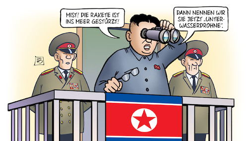 Cartoon: Unterwasserdrohne (medium) by Harm Bengen tagged rakete,meer,unterwasserdrohne,kim,jong,un,fernglas,waffen,nordkorea,harm,bengen,cartoon,karikatur,rakete,meer,unterwasserdrohne,kim,jong,un,fernglas,waffen,nordkorea,harm,bengen,cartoon,karikatur