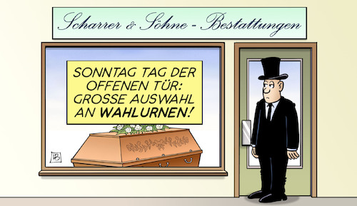 Cartoon: Urnen-Auswahl (medium) by Harm Bengen tagged scharrer,bestattungen,bestatter,sarg,schaufenster,sonntag,auswahl,wahlurnen,wahlen,wahltag,harm,bengen,cartoon,karikatur,scharrer,bestattungen,bestatter,sarg,schaufenster,sonntag,auswahl,wahlurnen,wahlen,wahltag,harm,bengen,cartoon,karikatur