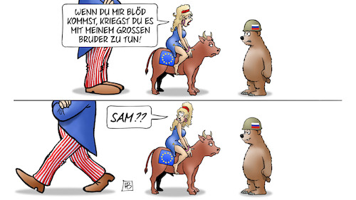 Cartoon: US-Sicherheitsstrategie (medium) by Harm Bengen tagged grosser,bruder,uncle,sam,usa,sicherheitsstrategie,europa,stier,russland,baer,schutz,verlassen,harm,bengen,cartoon,karikatur,grosser,bruder,uncle,sam,usa,sicherheitsstrategie,europa,stier,russland,baer,schutz,verlassen,harm,bengen,cartoon,karikatur