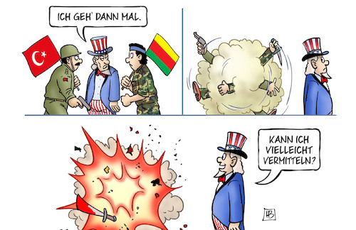 Cartoon: US-Vermittlung (medium) by Harm Bengen tagged vermittlung,usa,uncle,sam,rojava,türkei,einmarsch,invasion,nordsyrien,erdogan,krieg,kurden,kampf,harm,bengen,cartoon,karikatur,vermittlung,usa,uncle,sam,rojava,türkei,einmarsch,invasion,nordsyrien,erdogan,krieg,kurden,kampf,harm,bengen,cartoon,karikatur