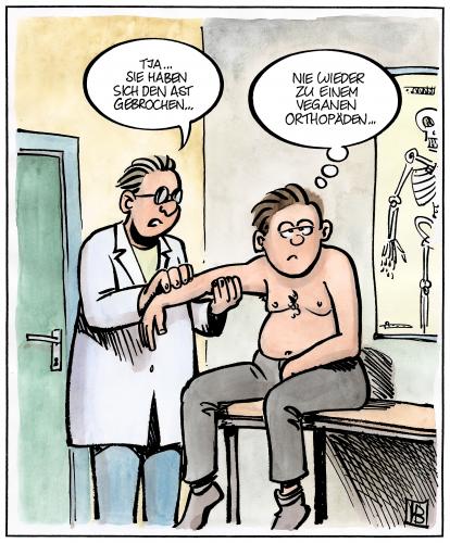 Cartoon: Veganer Orthopäde (medium) by Harm Bengen tagged orthopäde,orthopädie,arzt,doktor,untersuchung,patient,praxis,krankenkasse,krank,behandlung,bruch,veganer,ernährung,anatomie,armbruch,arm,gebrochen,verletzung,ast,baum,knochen,körper,essen,nahrung,vegan,veganismus,ethik,lebensweise,einstellung,konsum,tierische produkte,tierische lebensmittel,tierrechte,knochenbruch,fleisch,tierische,produkte,lebensmittel,natur