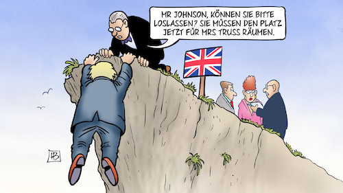 Cartoon: Von Johnson zu Truss (medium) by Harm Bengen tagged johnson,nachfolgerin,liz,truss,gb,uk,konservative,tories,tory,abgrund,klippe,premierministerin,harm,bengen,cartoon,karikatur,johnson,nachfolgerin,liz,truss,gb,uk,konservative,tories,tory,abgrund,klippe,premierministerin,harm,bengen,cartoon,karikatur