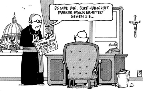 Cartoon: Vorwürfe gegen Ratzinger (medium) by Harm Bengen tagged vorwürfe,vorwurf,verdacht,ratzinger,papst,vatikan,usa,missbrauch,kinder,kirche,katholisch,zeitung,pfarrer,priester,pater,braun,brown