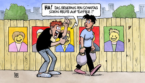 Cartoon: Wahlergebnis vorab auf Twitter (medium) by Harm Bengen tagged wahlergebnis,twitter,wahl,bundestagswahl,hochrechnung,prognose,mobile,handy,cdu,csu,fdp,spd,linke,merkel,steinmeier,westerwelle,gysi,künast,wahlergebnis,wahl,wahlen,twitter,bundestagswahl,netzwerk,computer,internet,community,nachrichten,informationen,information,handy,mobile,prognose,csu,cdu,fdp,spd,linke,angela merkel,frank walter steinmeier,angela,merkel,frank,walter,steinmeier