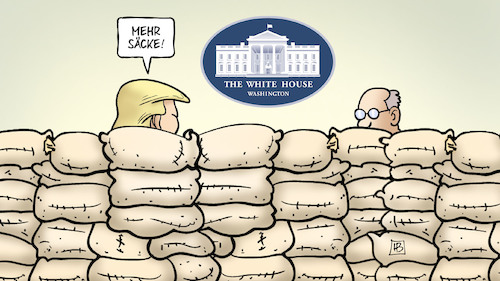 Cartoon: Weisses-Haus-Blockade (medium) by Harm Bengen tagged weisses,haus,blockade,blockieren,white,house,sandsäcke,trump,ukraine,affäre,mauern,harm,bengen,cartoon,karikatur,weisses,haus,blockade,blockieren,white,house,sandsäcke,trump,ukraine,affäre,mauern,harm,bengen,cartoon,karikatur