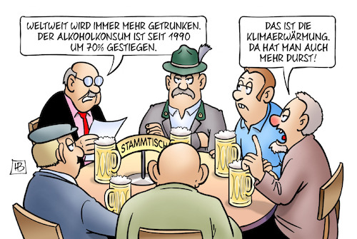 Cartoon: Weltweiter Alkoholkonsum (medium) by Harm Bengen tagged weltweiter,alkoholkonsum,trinken,gestiegen,klimaerwärmung,durst,stammtisch,harm,bengen,cartoon,karikatur,weltweiter,alkoholkonsum,trinken,gestiegen,klimaerwärmung,durst,stammtisch,harm,bengen,cartoon,karikatur