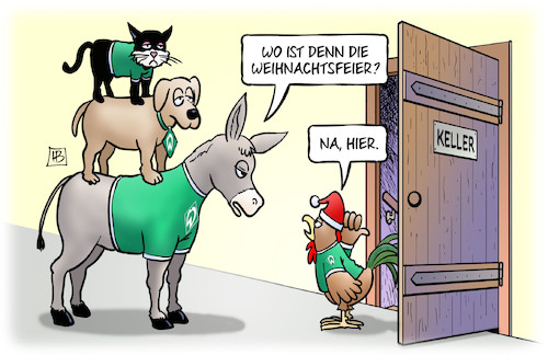 Cartoon: Werder-Weihnachtsfeier (medium) by Harm Bengen tagged werder,bremen,weihnachtsfeier,bremer,stadtmusikanten,fussball,tabellenkeller,harm,bengen,cartoon,karikatur,werder,bremen,weihnachtsfeier,bremer,stadtmusikanten,fussball,tabellenkeller,harm,bengen,cartoon,karikatur