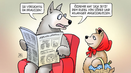 Cartoon: Wolfsgegner-Rudel (medium) by Harm Bengen tagged kind,zeitung,lesen,hauptalmbegehung,özdemir,söder,aiwanger,naturschutzgesetz,abschuss,wolf,wölfe,harm,bengen,cartoon,karikatur,kind,zeitung,lesen,hauptalmbegehung,özdemir,söder,aiwanger,naturschutzgesetz,abschuss,wolf,wölfe,harm,bengen,cartoon,karikatur