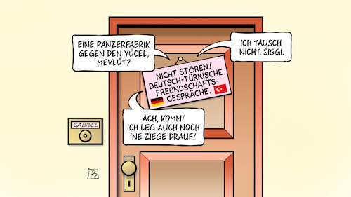 Cartoon: Yücel-Tausch (medium) by Harm Bengen tagged yücel,türkei,tausch,geisel,knast,journalist,panzerfabrik,gabriel,ziege,aussenminister,cavusoglu,haustür,harm,bengen,cartoon,karikatur,yücel,türkei,tausch,geisel,knast,journalist,panzerfabrik,gabriel,ziege,aussenminister,cavusoglu,haustür,harm,bengen,cartoon,karikatur