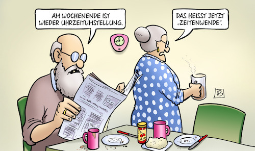 Cartoon: Zeitenwende (medium) by Harm Bengen tagged wochenende,uhrzeitumstellung,sommerzeit,zeitenwende,susemil,harm,bengen,cartoon,karikatur,wochenende,uhrzeitumstellung,sommerzeit,zeitenwende,susemil,harm,bengen,cartoon,karikatur