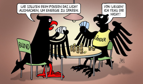 Cartoon: Zockerrunde MPK (medium) by Harm Bengen tagged zockerrunde,mpk,ministerpräsidentenkonferenz,pokern,licht,ausmachen,energie,sparen,vertrauen,kartenspiel,adler,bund,länder,steuern,geld,finanzen,harm,bengen,cartoon,karikatur,zockerrunde,mpk,ministerpräsidentenkonferenz,pokern,licht,ausmachen,energie,sparen,vertrauen,kartenspiel,adler,bund,länder,steuern,geld,finanzen,harm,bengen,cartoon,karikatur