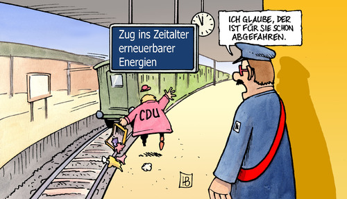 Cartoon: Zug abgefahren (medium) by Harm Bengen tagged japan,atom,kernkraft,atomkraft,akw,energie,merkel,röttgen,mappus,cdu,csu,zug,abgefahren,bahnhof,aufspringen,grün,erneuerbare,hinterher,rennen,laufzeitverlängerung,moratorium,japan,atom,kernkraft,atomkraft,akw,angela merkel,röttgen,mappus,bahnhof,aufspringen,laufzeitverlängerung,rennen,angela,merkel,fukushima