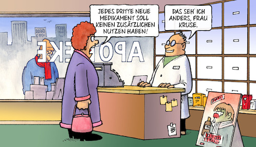 Cartoon: Zusatznutzen (medium) by Harm Bengen tagged zusatznutzen,medikament,nutzen,apotheker,pharmaindustrie,krankenkassen,gewinn,profit,harm,bengen,cartoon,karikatur,zusatznutzen,medikament,nutzen,apotheker,pharmaindustrie,krankenkassen,gewinn,profit,harm,bengen,cartoon,karikatur