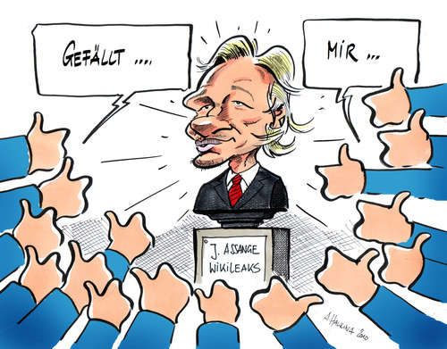 Cartoon: Das Netz feiert Julian Assange (medium) by pianoman68 tagged assange,facebook,internet,like,it,gefällt,mir