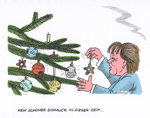 Cartoon: Ängste am Tannenbaum (medium) by mandzel tagged bundeskanzlerin,tannenbaum,eu,asylkrise,syrien,terrorangst,bundeskanzlerin,tannenbaum,eu,asylkrise,syrien,terrorangst